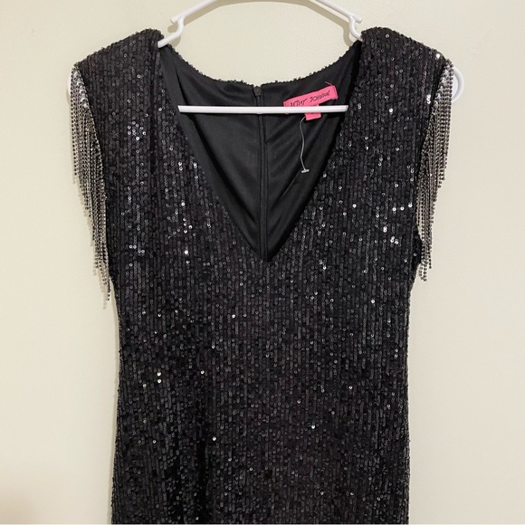 NWOT Betsey Johnson Black Sequin Mini Dress with Chain Fringe - Size Medium - Picture 3 of 10
